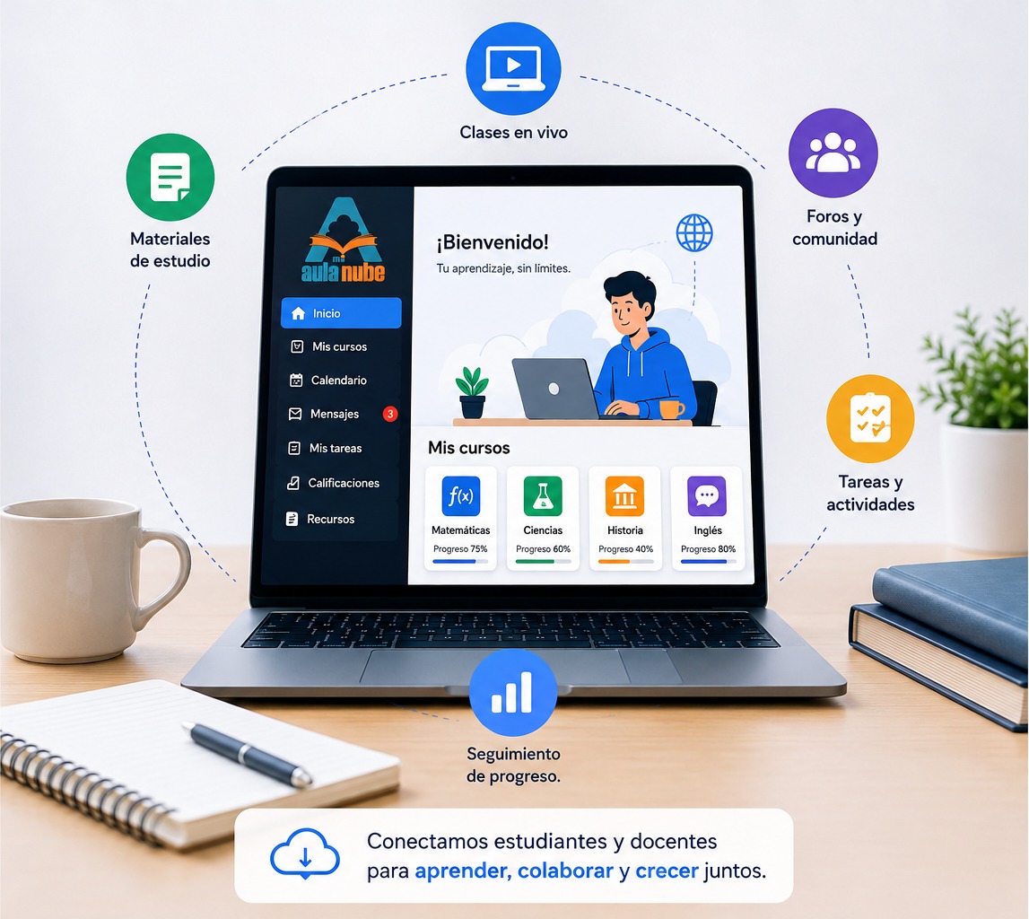 Panel de MiAulaNube abierto en una laptop, con clases en vivo, foros, materiales de estudio, tareas y seguimiento de progreso